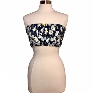 NEW TOPSHOP Black Shirred Flower Bandeau Crop Top